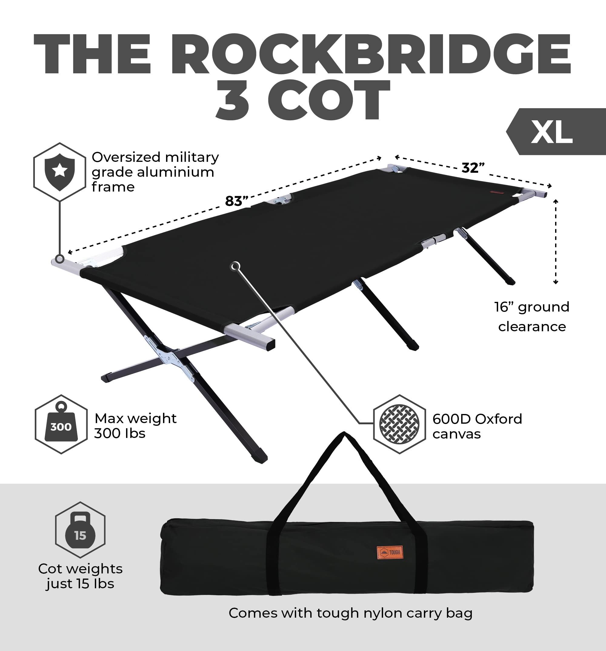 Tough Outdoors Evergreen camping cot in use beside campsite bed shows roomy sleeping area.
