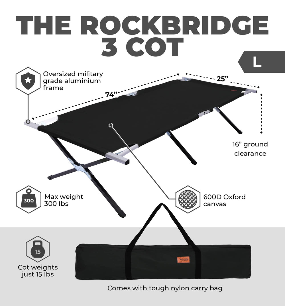 Tough Outdoors Evergreen camping cot close-up canvas highlights durable 600D fabric.