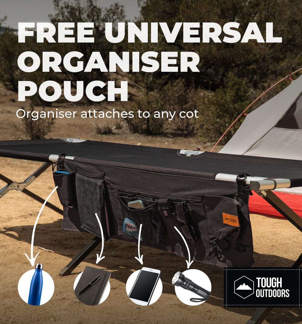 Tough Outdoors Evergreen camping cot dimensions diagram shows 74 by 25 inches sleeping space.