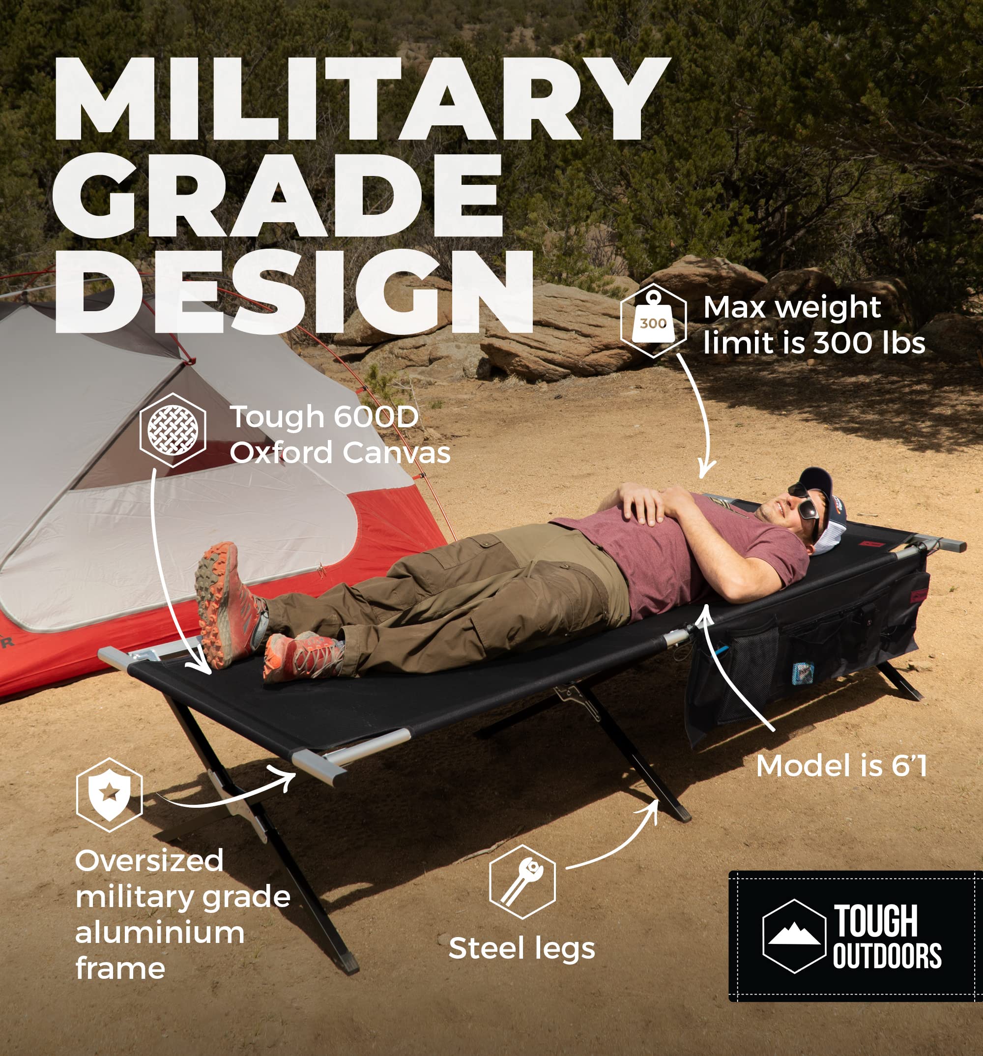 Tough Outdoors Evergreen camping cot folded storage bag demonstrates easy transport and setup.