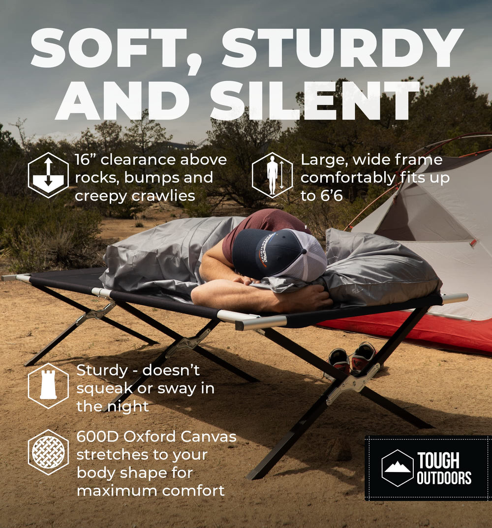 Tough Outdoors Evergreen camping cot weight capacity graphic emphasizes 300 lb support.