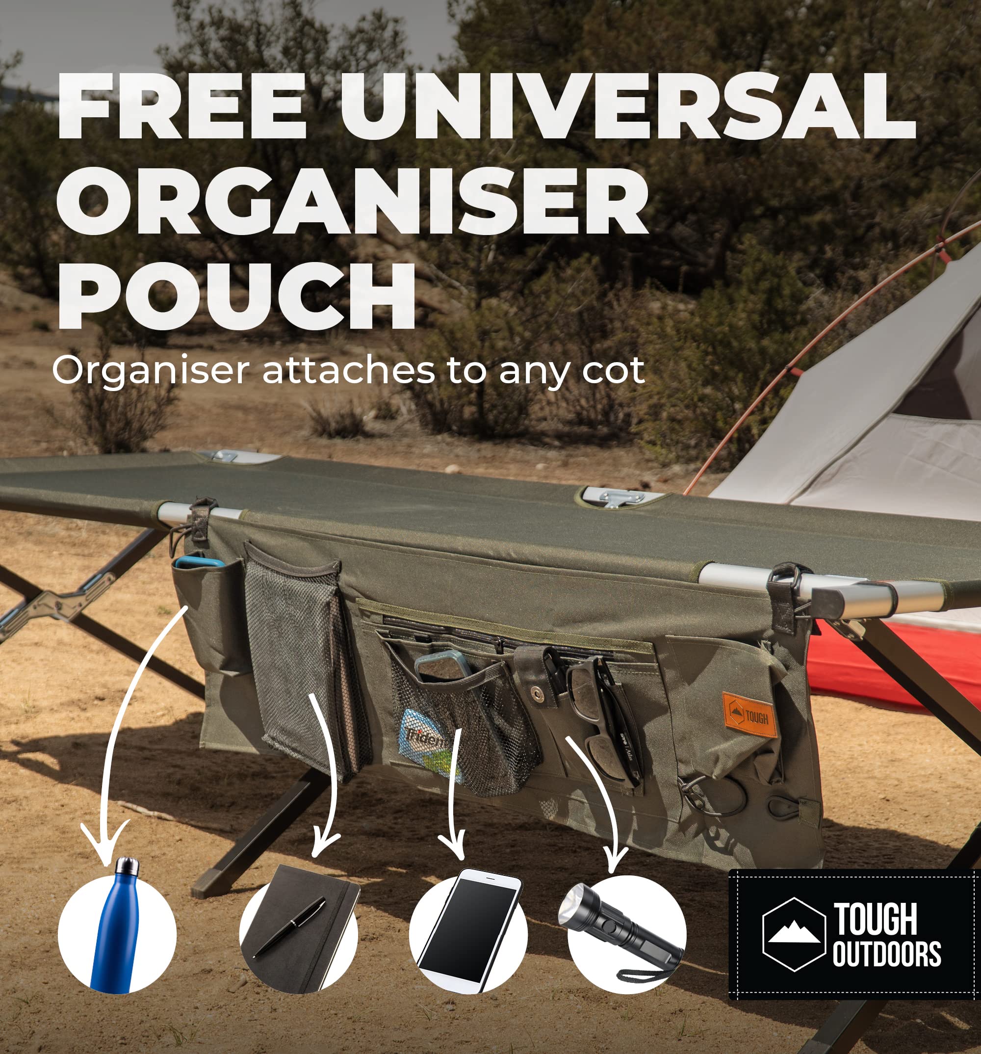 Tough Outdoors Evergreen cot XL aluminum frame close-up highlighting durable construction
