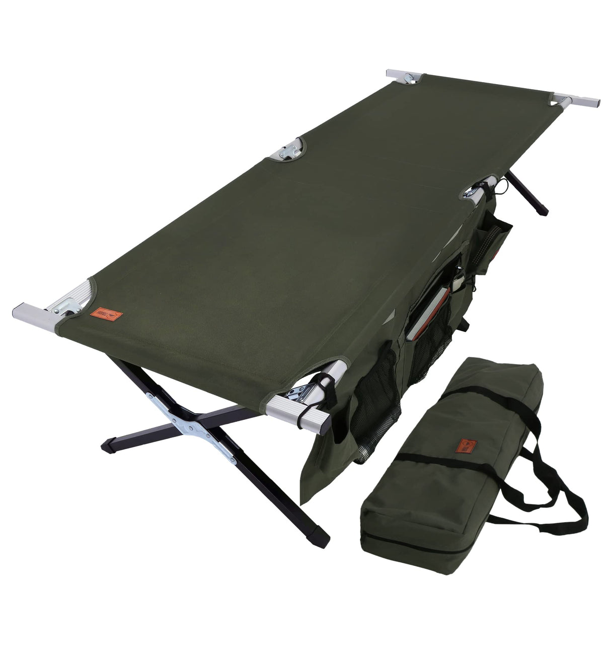 Tough Outdoors Evergreen cot XL army green folded in bag for easy transport
