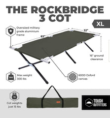 Tough Outdoors Evergreen cot XL fully spread with 83 by 32 inch sleeping area