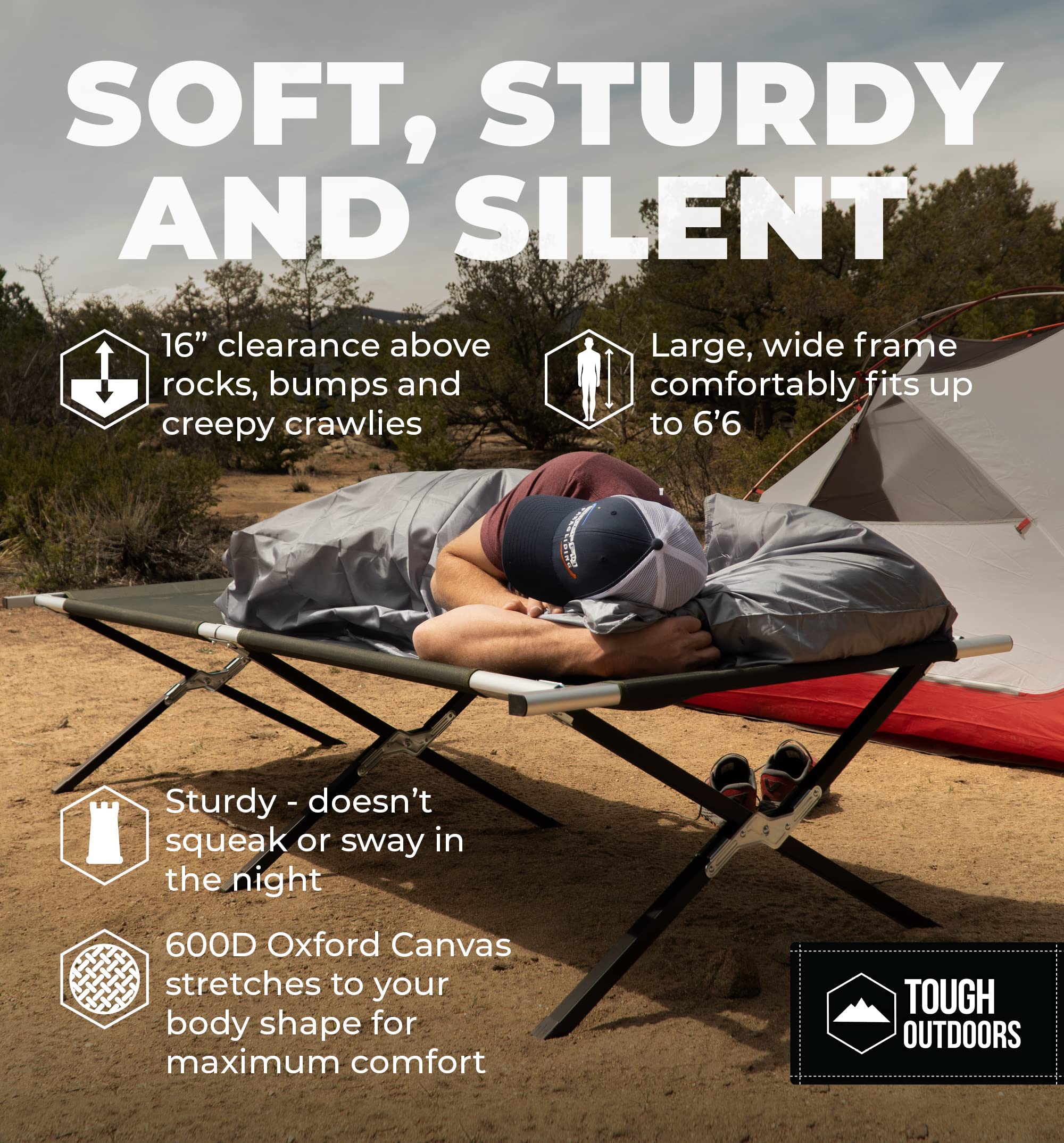 Tough Outdoors Evergreen cot XL two-person layout ideal for sharing outdoors