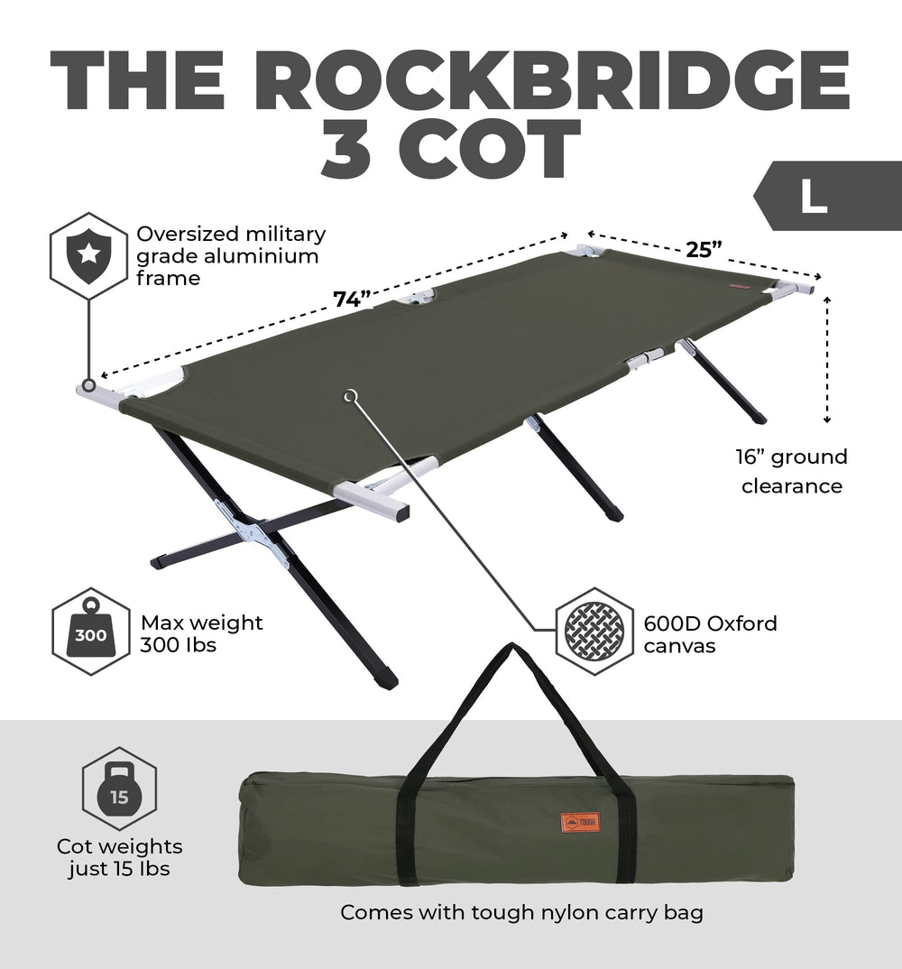 Tough Outdoors Evergreen cot XL underside storage space for gear organization