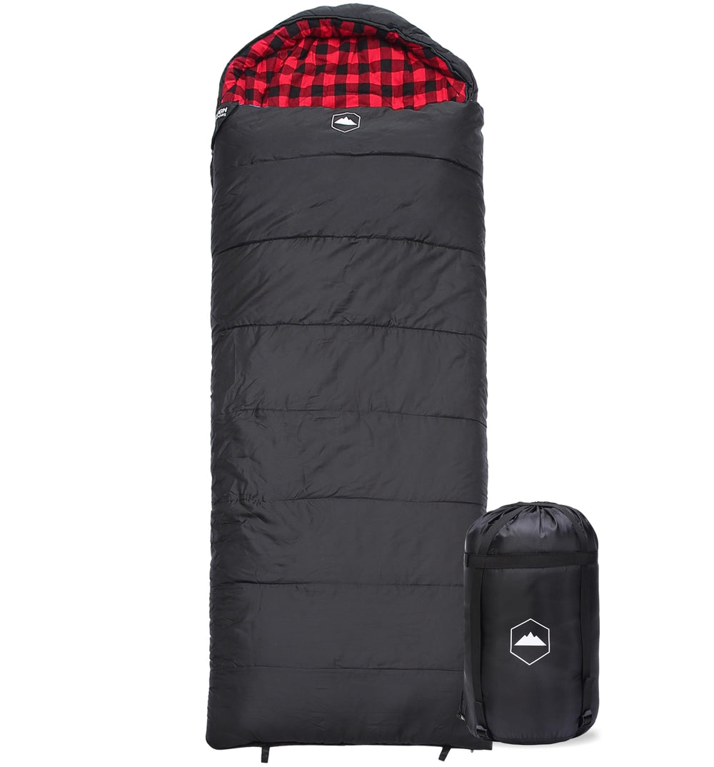 Tough Outdoors XL Trail sleeping bag at winter camp showing warmth and roomy XL design