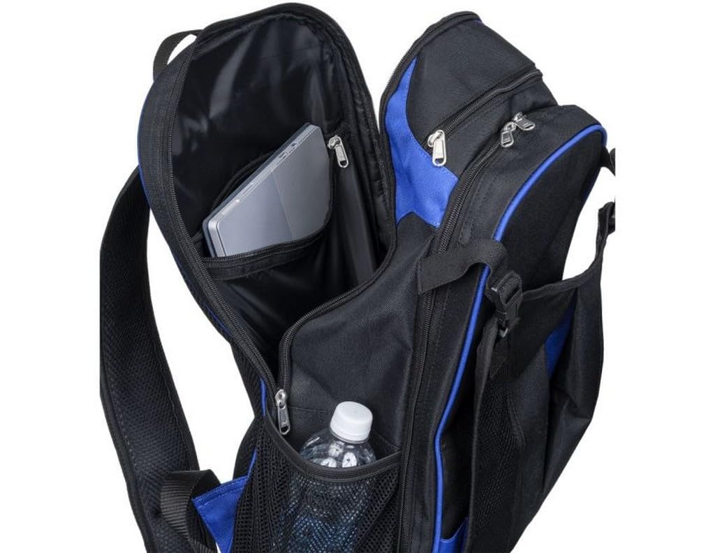 Tough1 Backpack Royal Blue helmet pouch view demonstrates clip-equipped mesh pocket for helmet.