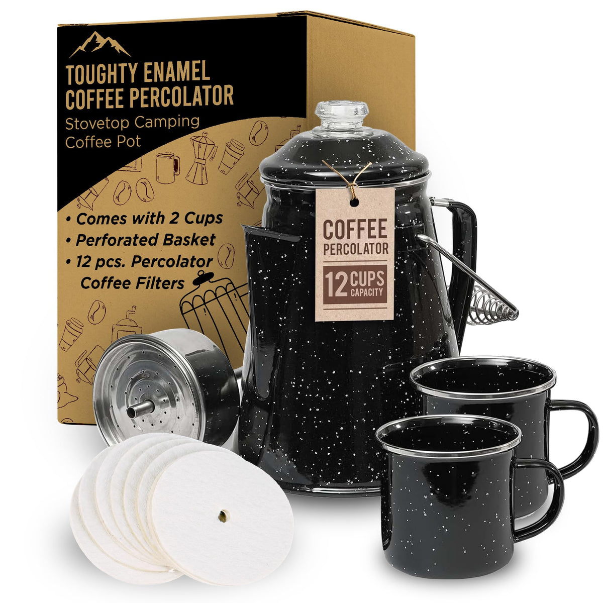Toughty enamel coffee percolator over campfire for rich outdoor brews