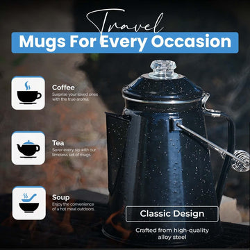 Toughty enamel cups included for sharing coffee on trips