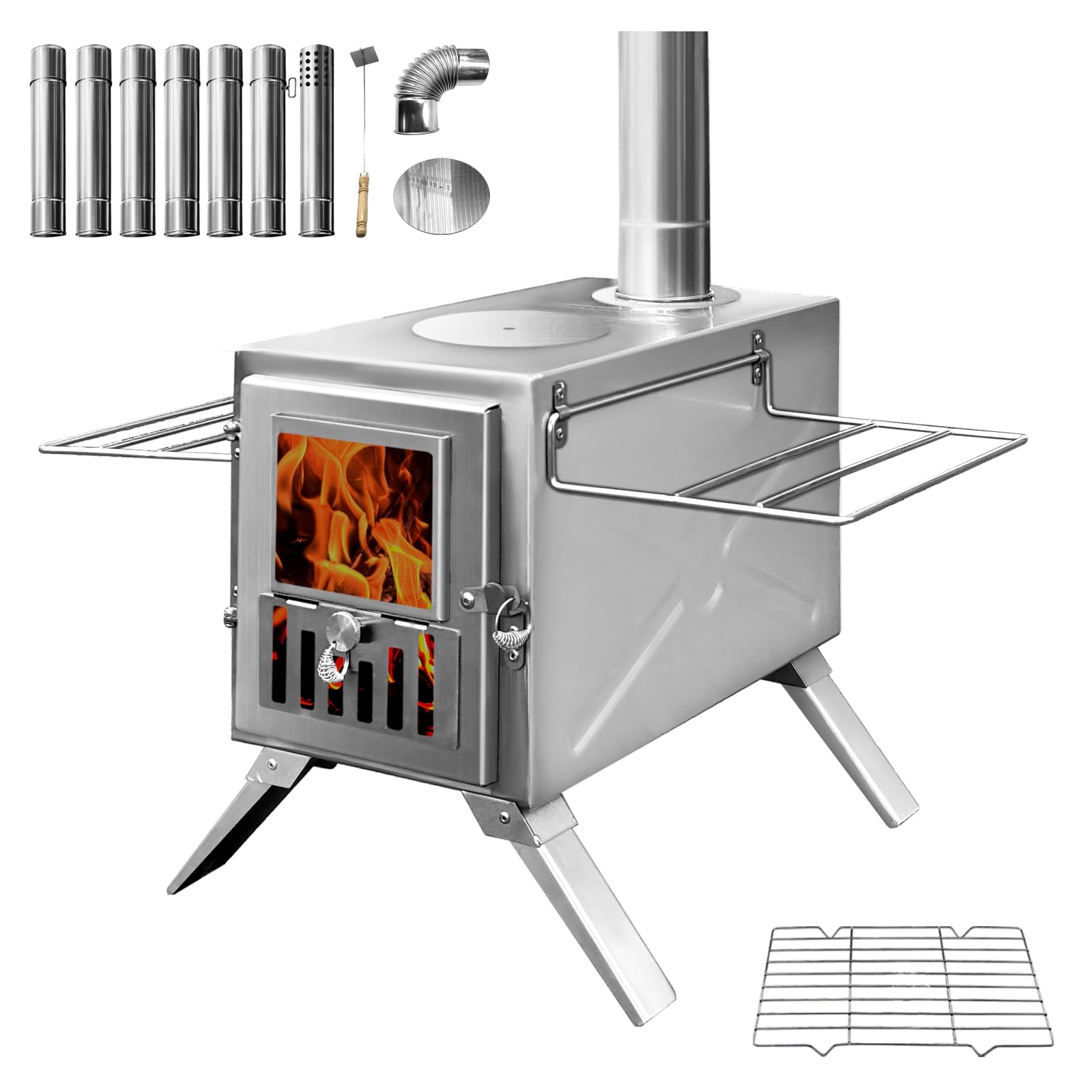 TOUNTO wood stove front window reveals a cozy campfire and heat at a glance