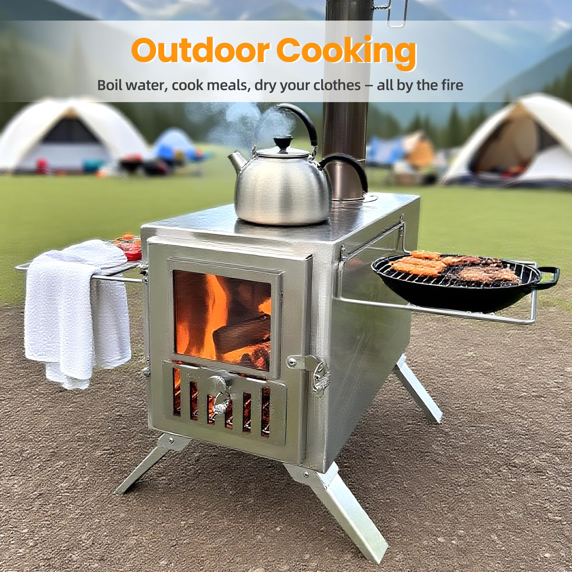 TOUNTO wood stove packaging-and-setup showcases quick assembly with included accessories