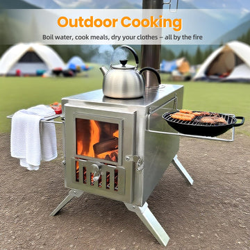 TOUNTO wood stove packaging-and-setup showcases quick assembly with included accessories