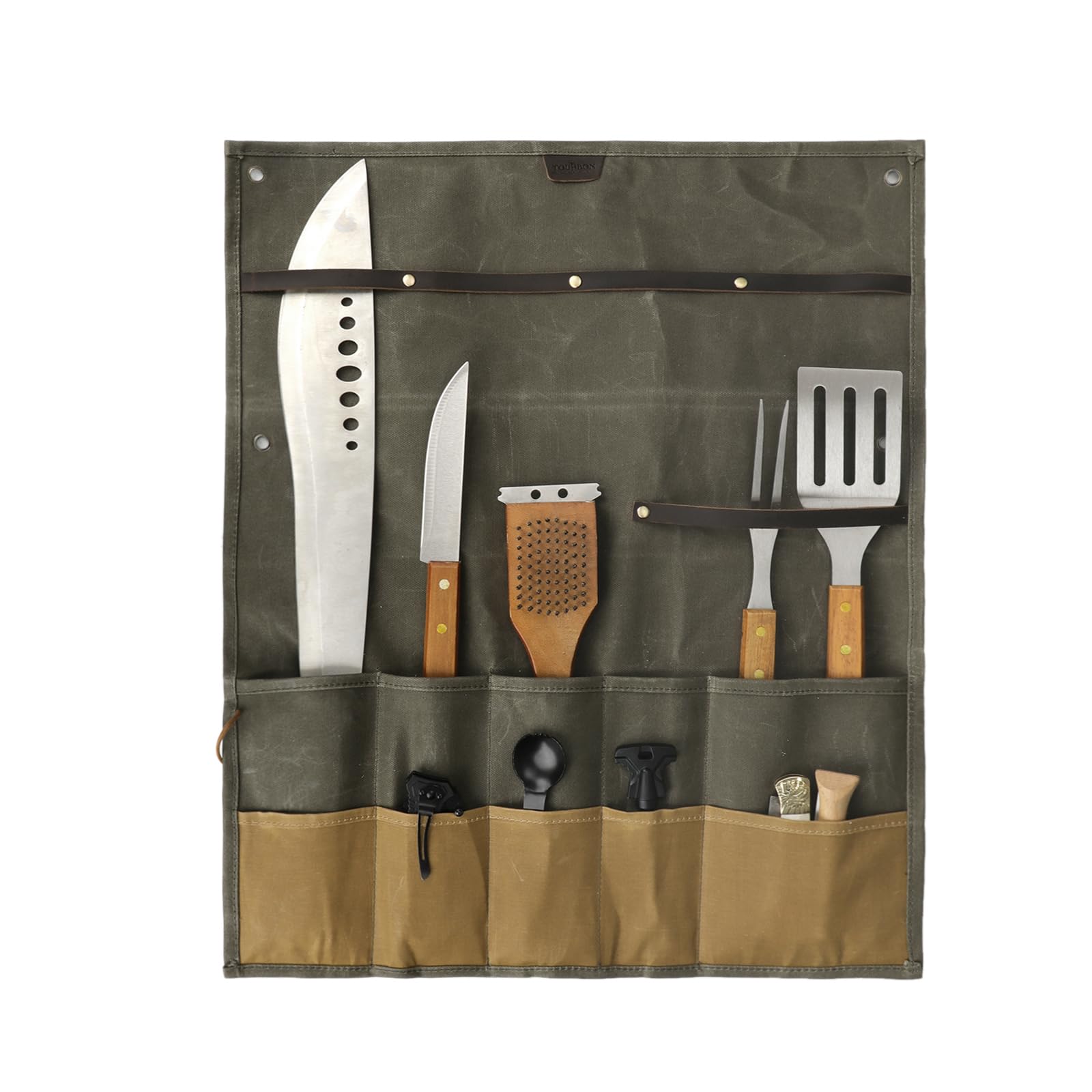 Tourbon canvas cutlery pouch hanging open shows organized camping utensils.