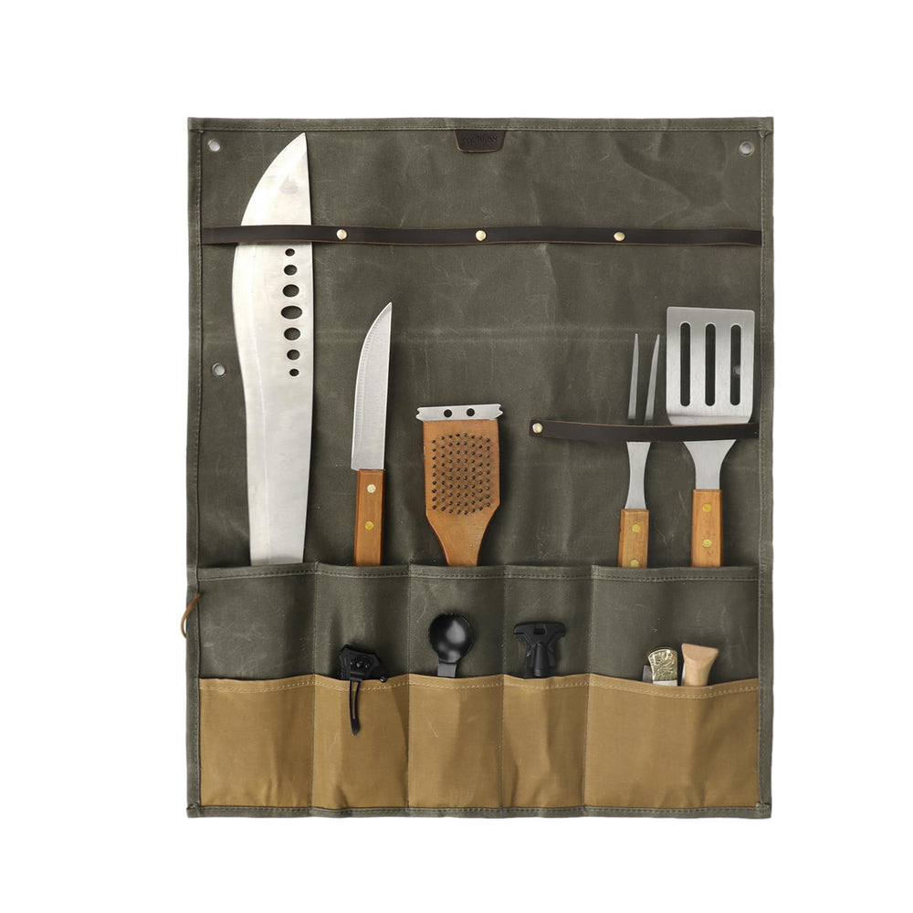Tourbon canvas cutlery pouch hanging open shows organized camping utensils.