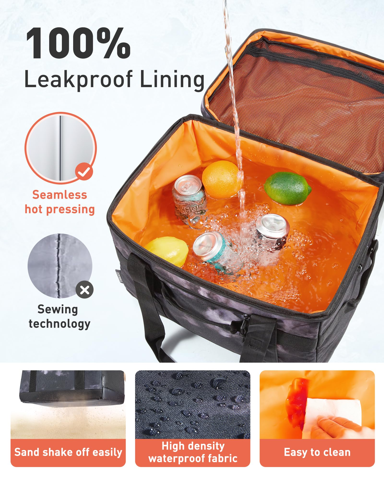 TOURIT cooler bag highlights 12-hour cooling potential for beaches and travels.
