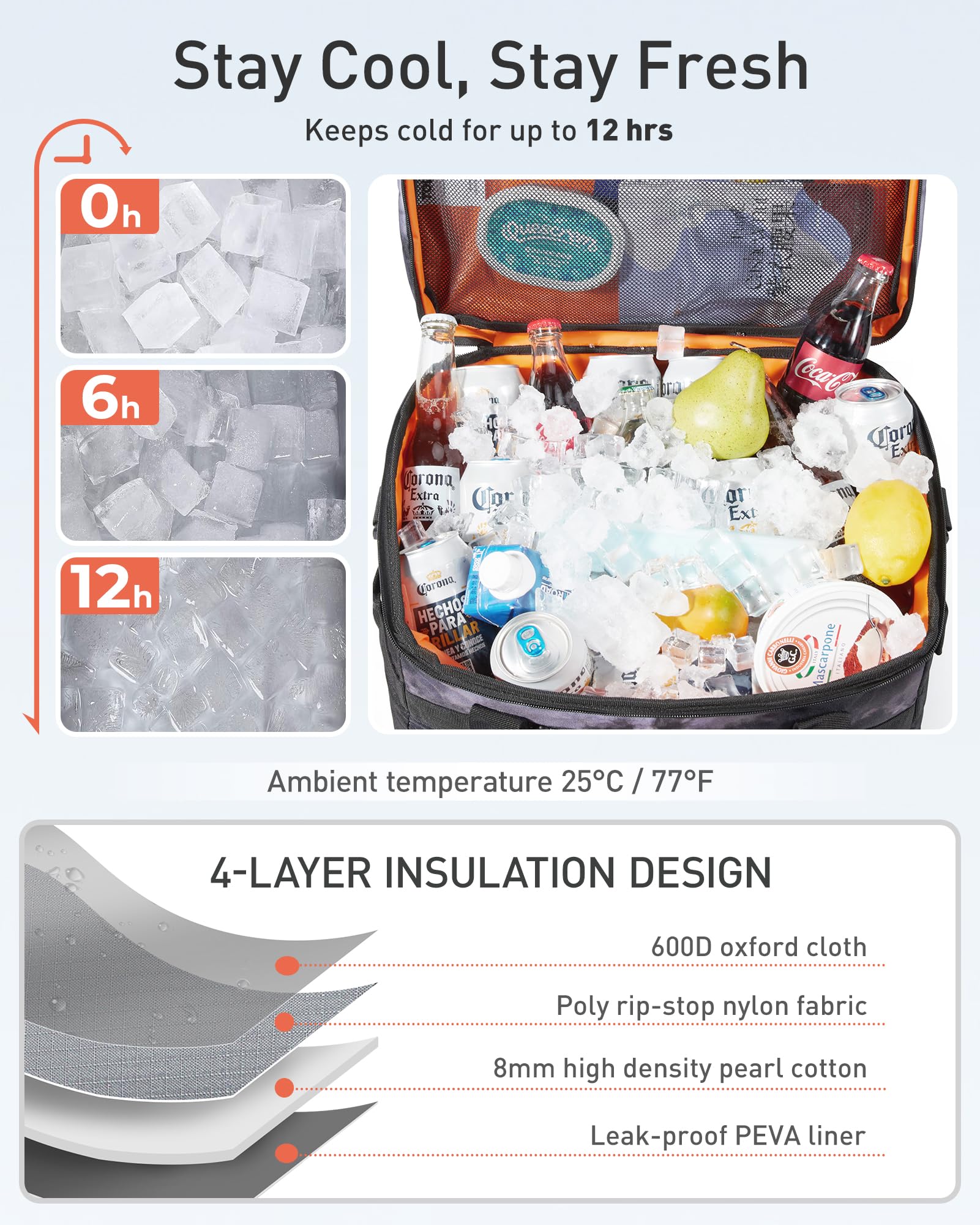 TOURIT cooler bag interior shows 48-can capacity ready for picnics.