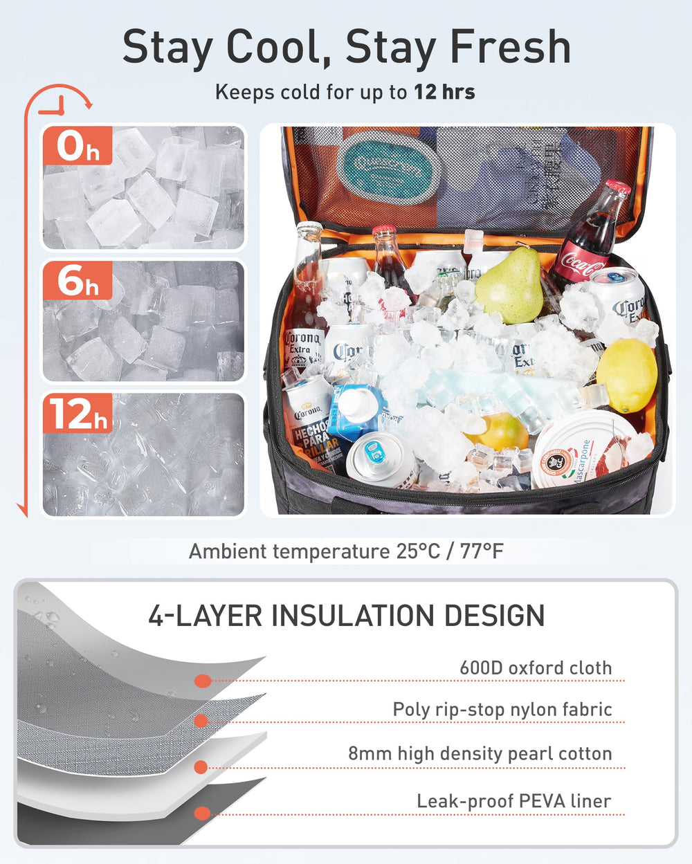 TOURIT cooler bag interior shows 48-can capacity ready for picnics.