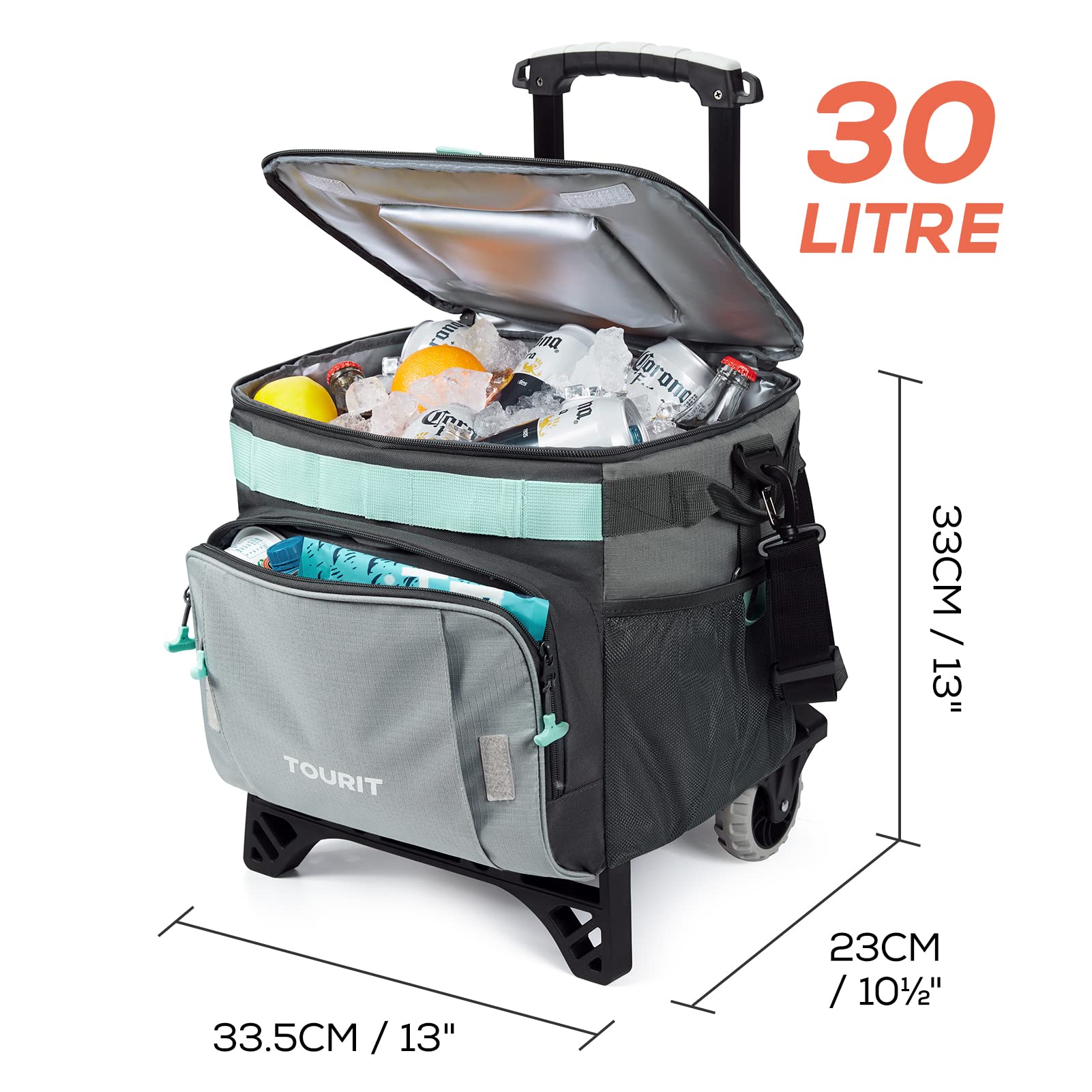 TOURIT 50-Can Collapsible Rolling Cooler side view with wheels for easy transport.