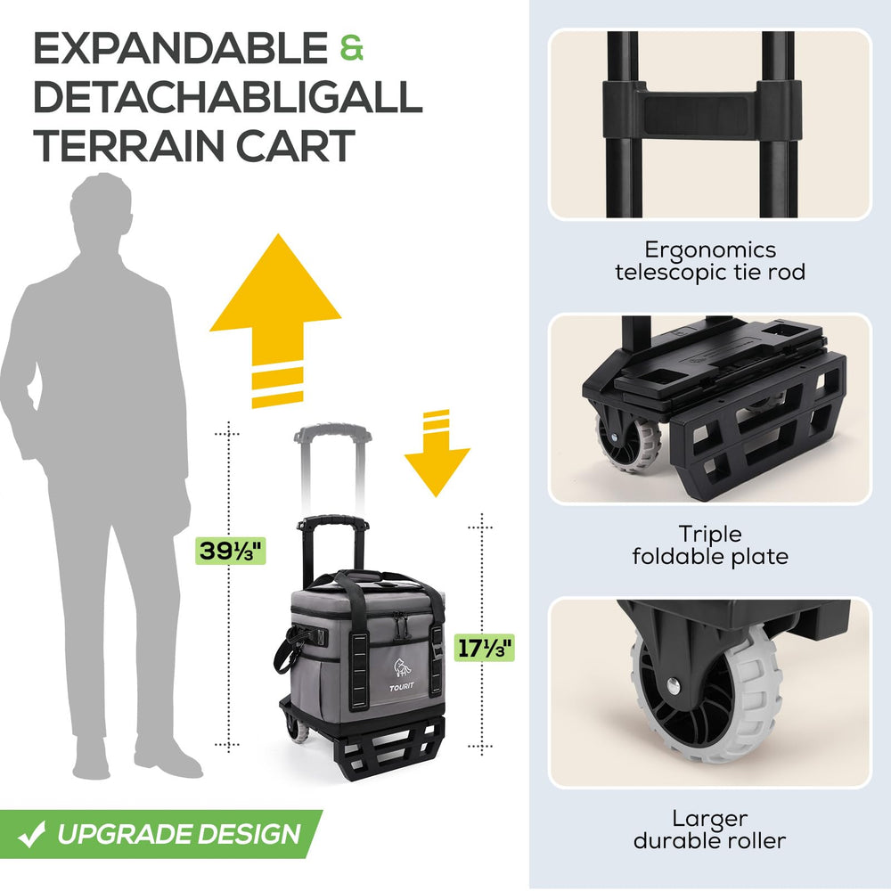 TOURIT all-terrain cart extended handle shows easy transport on uneven surfaces.