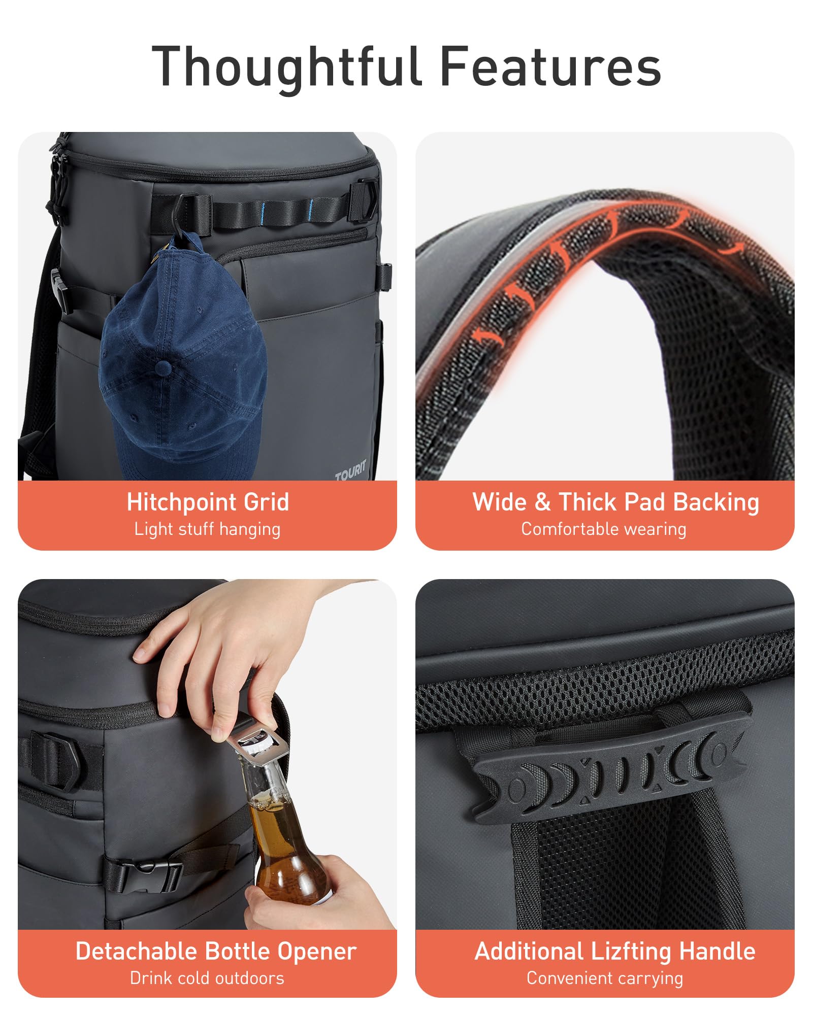 TOURIT backpack cooler front pocket with utensils emphasizes organized travel
