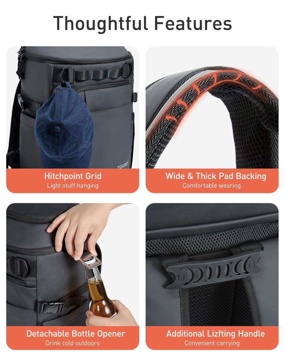 TOURIT backpack cooler front pocket with utensils emphasizes organized travel