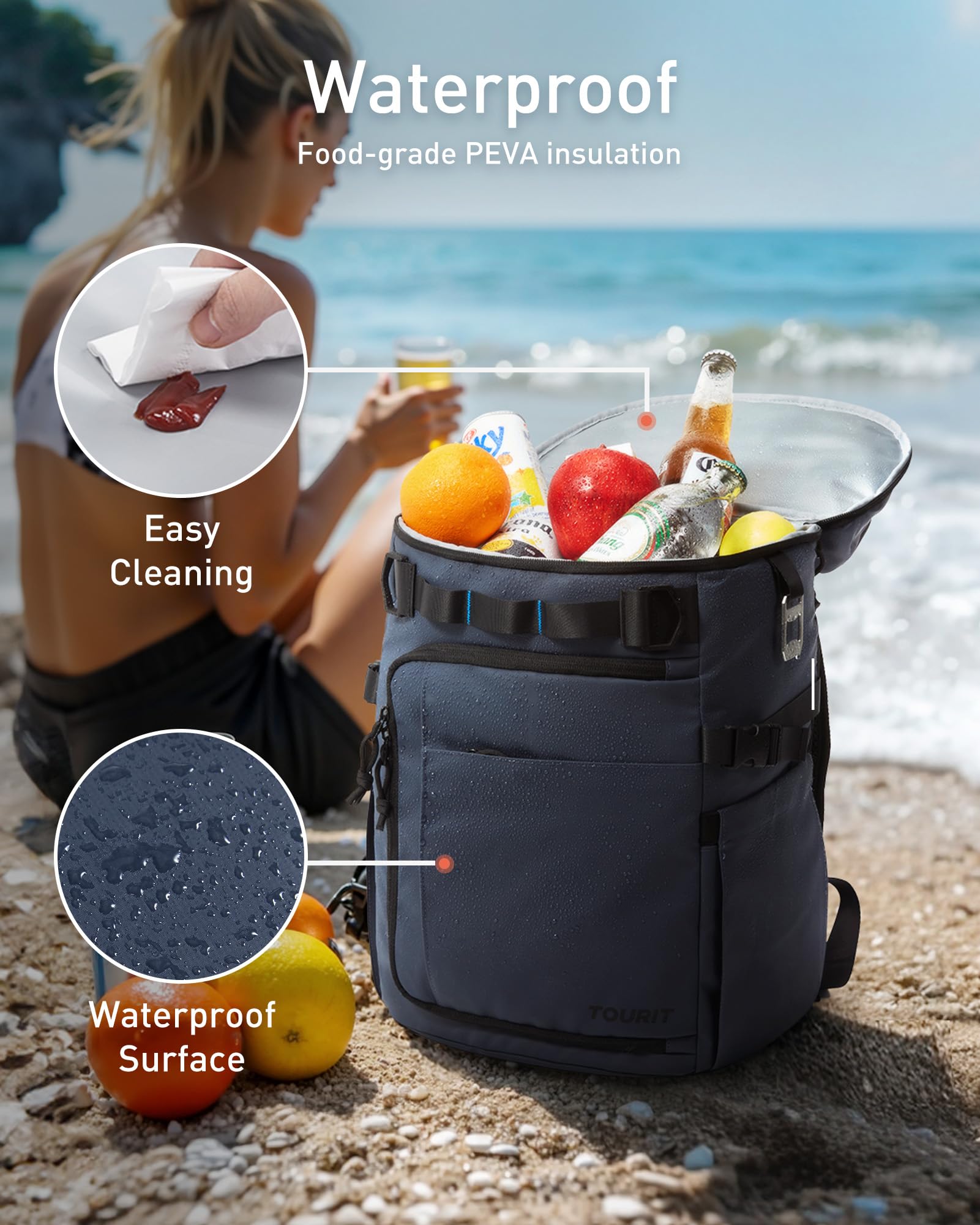 TOURIT backpack cooler main bottom compartment shows 24L space for meals