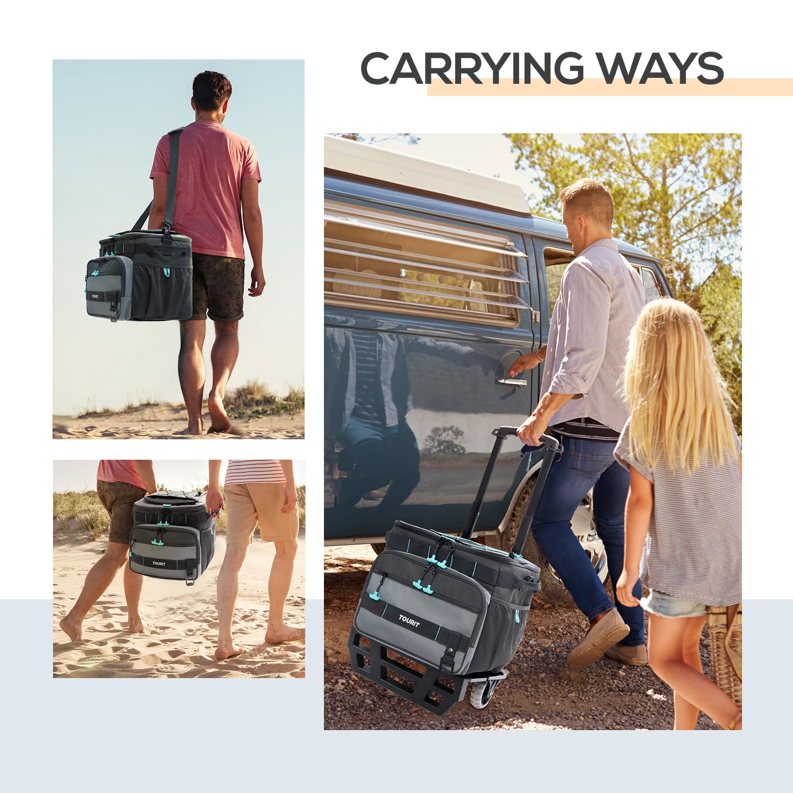 TOURIT Collapsible 48-Can Rolling Cooler cleaning image highlights easy wipe-down maintenance.