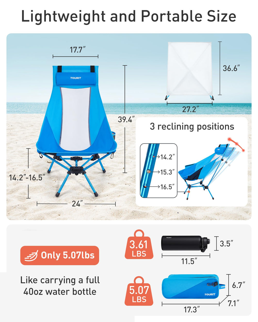 Tourit folding beach chair shows high-back ergonomic seating for comfort.