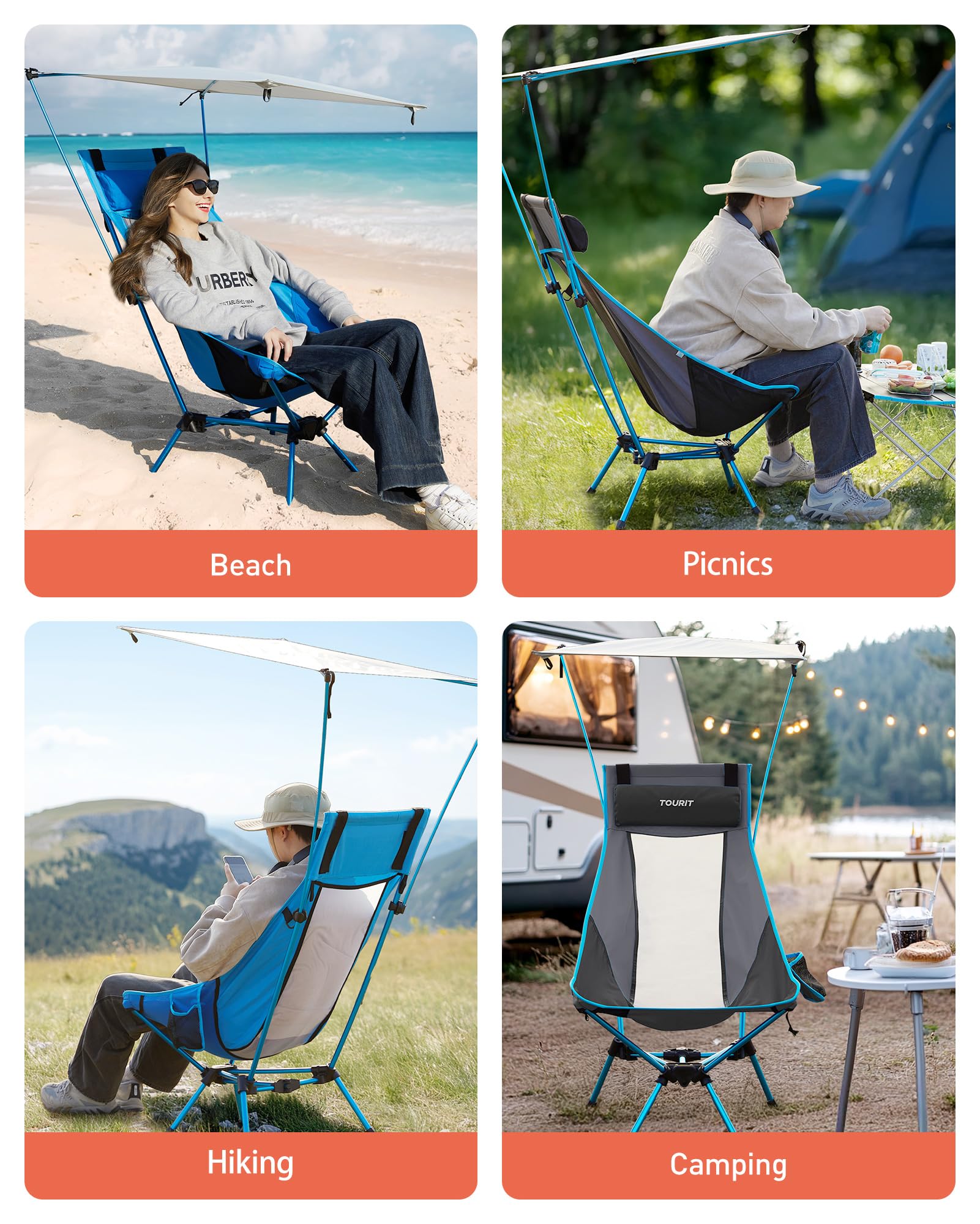 Tourit folding beach chair features detachable sunshade for adjustable shade.