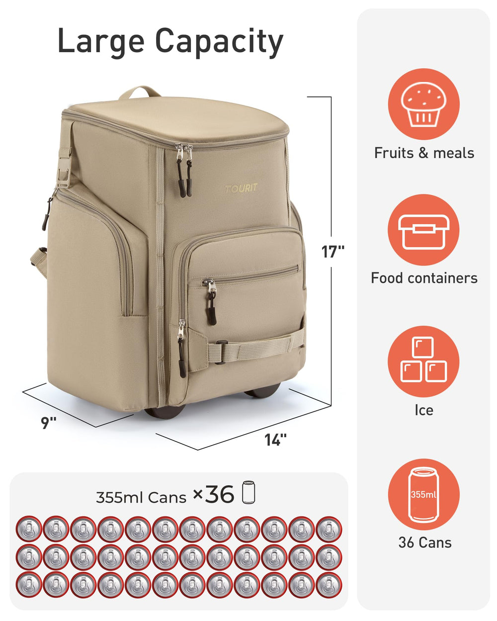Tourit rolling cooler backpack exterior pockets organize utensils and napkins neatly
