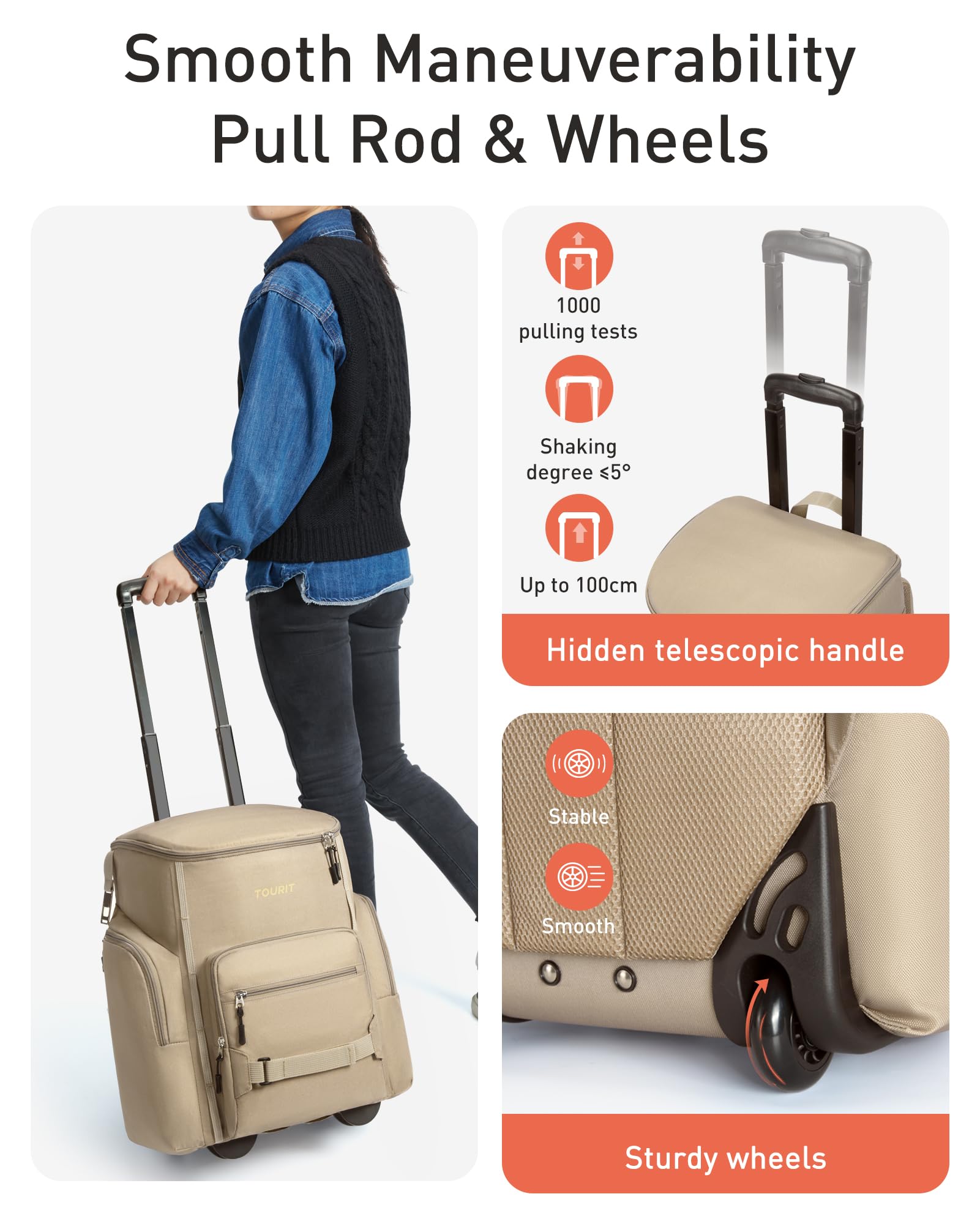 Tourit rolling cooler backpack with extended handle ready for quick outdoor trips