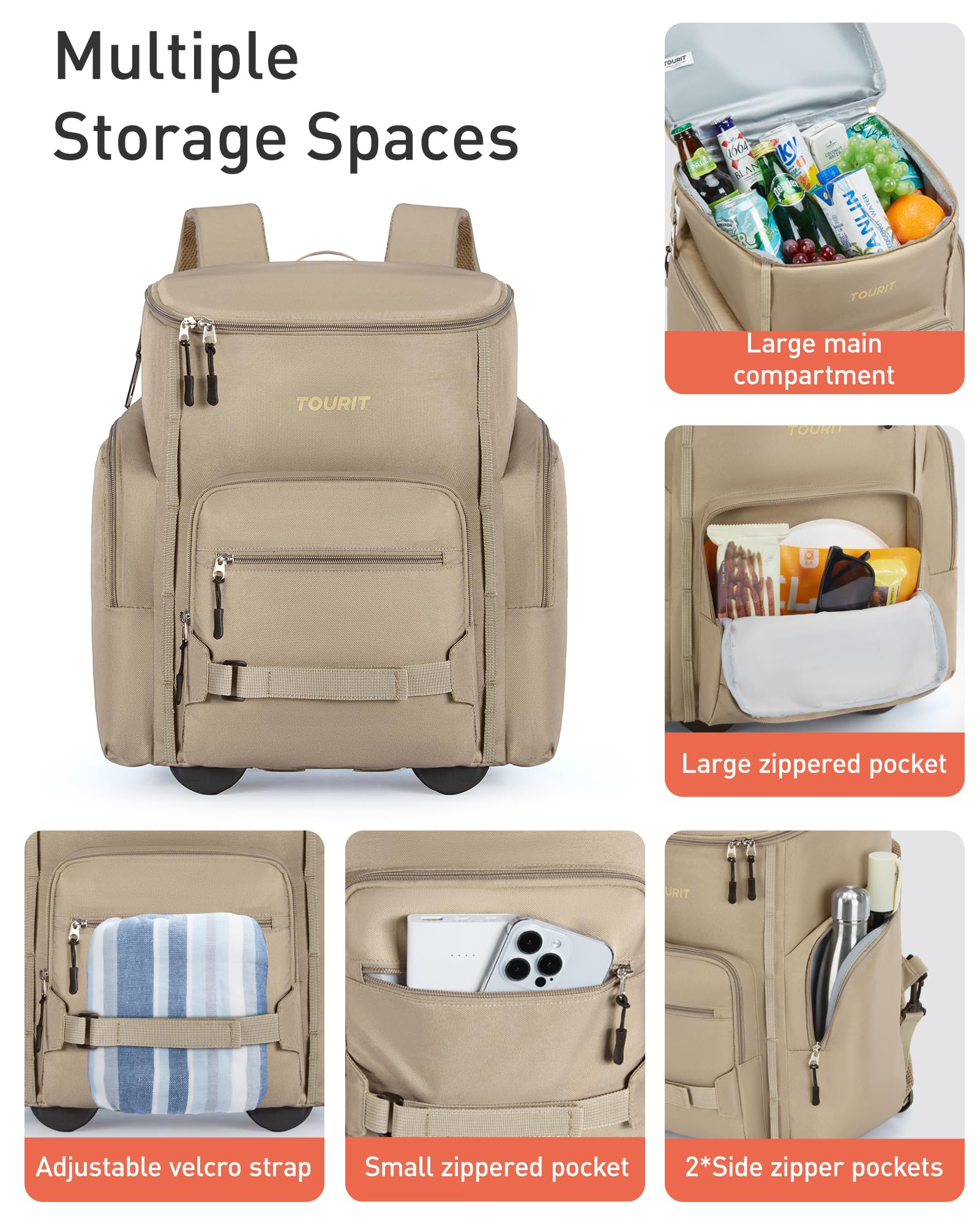 Tourit rolling cooler backpack insulated interior keeps items cool for hours