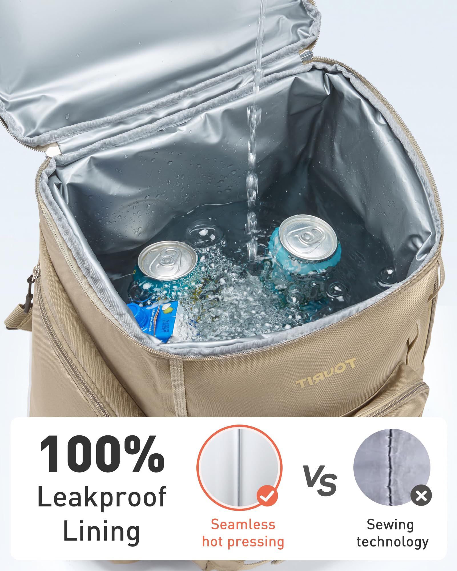 Tourit rolling cooler backpack open main compartment shows 22L capacity for meals