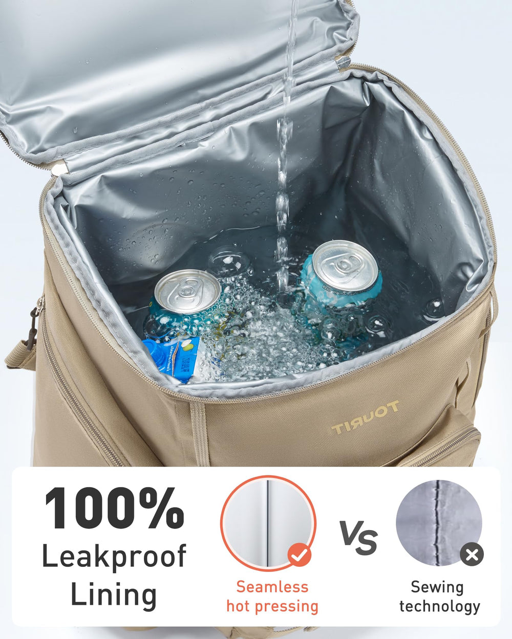Tourit rolling cooler backpack open main compartment shows 22L capacity for meals