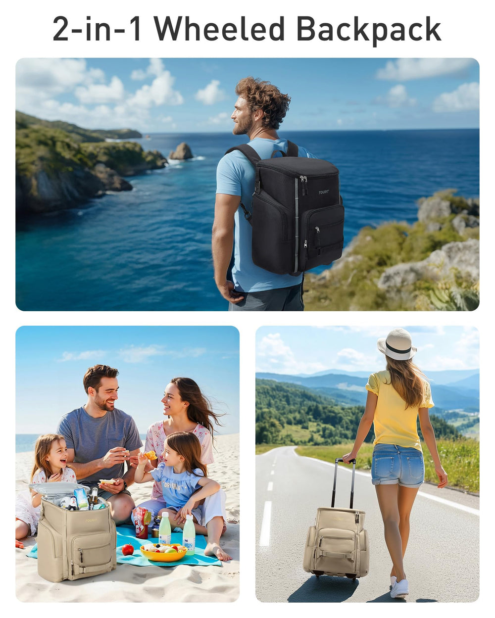 Tourit rolling cooler backpack picnic-ready with blanket strap
