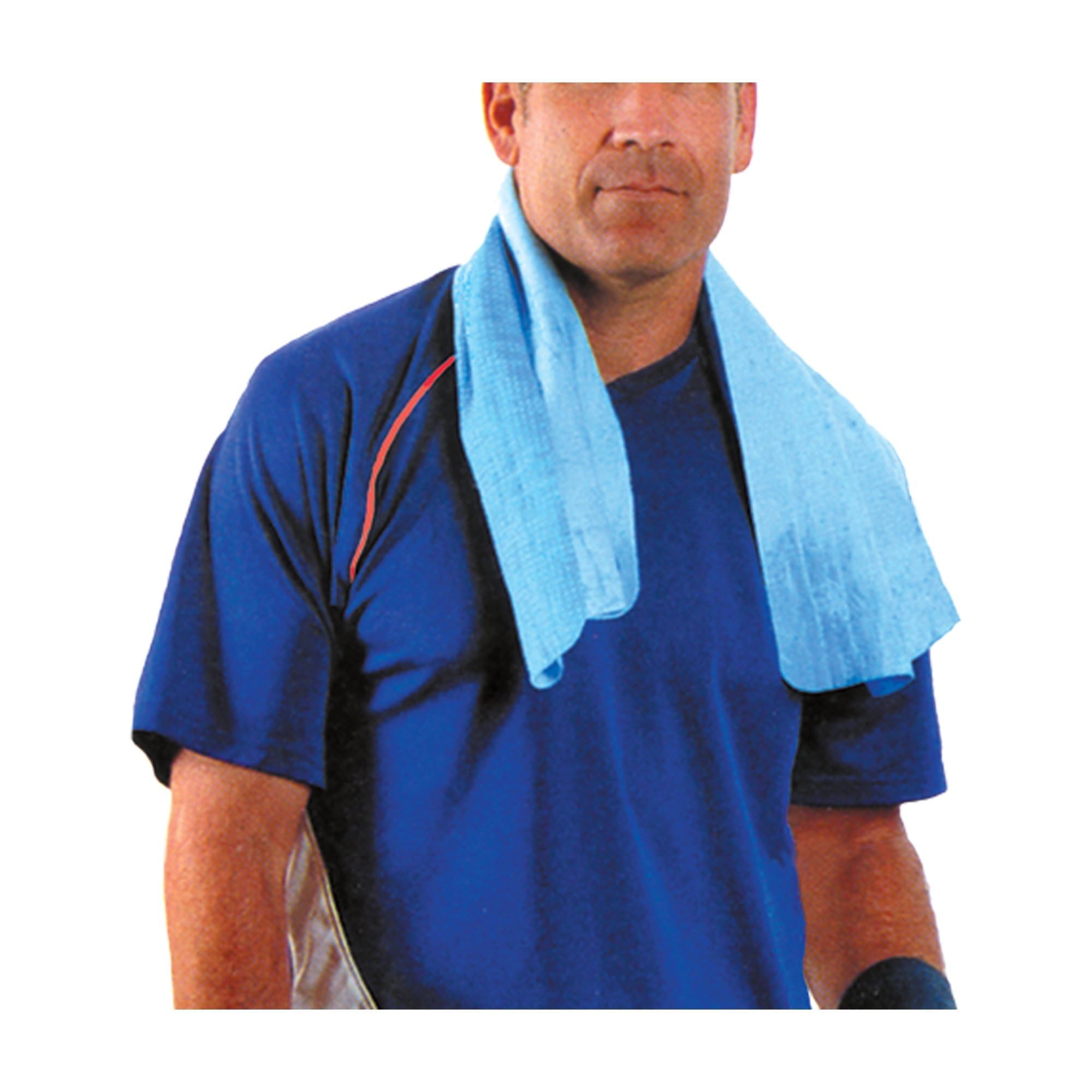Tourna Liqui-Towel cooling towel draped around the neck for cooling during breaks.