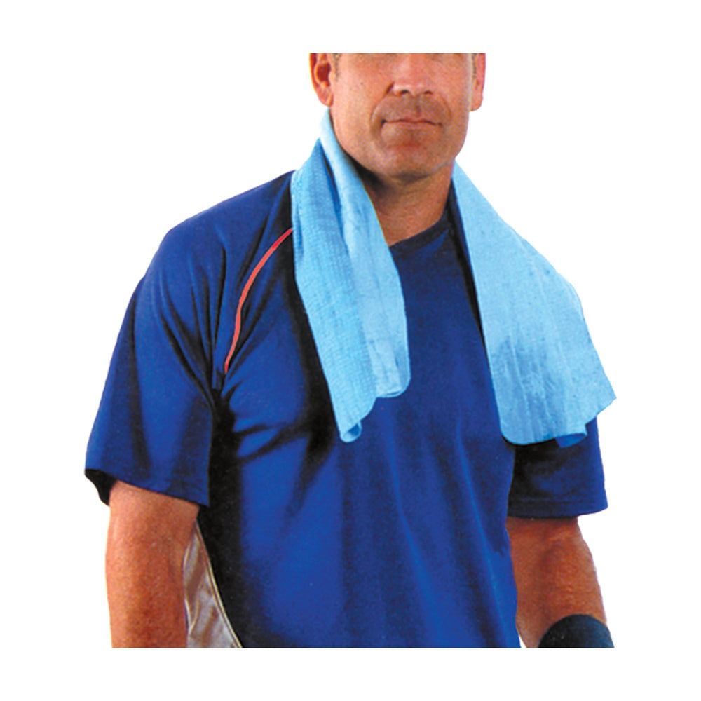 Tourna Liqui-Towel cooling towel draped around the neck for cooling during breaks.