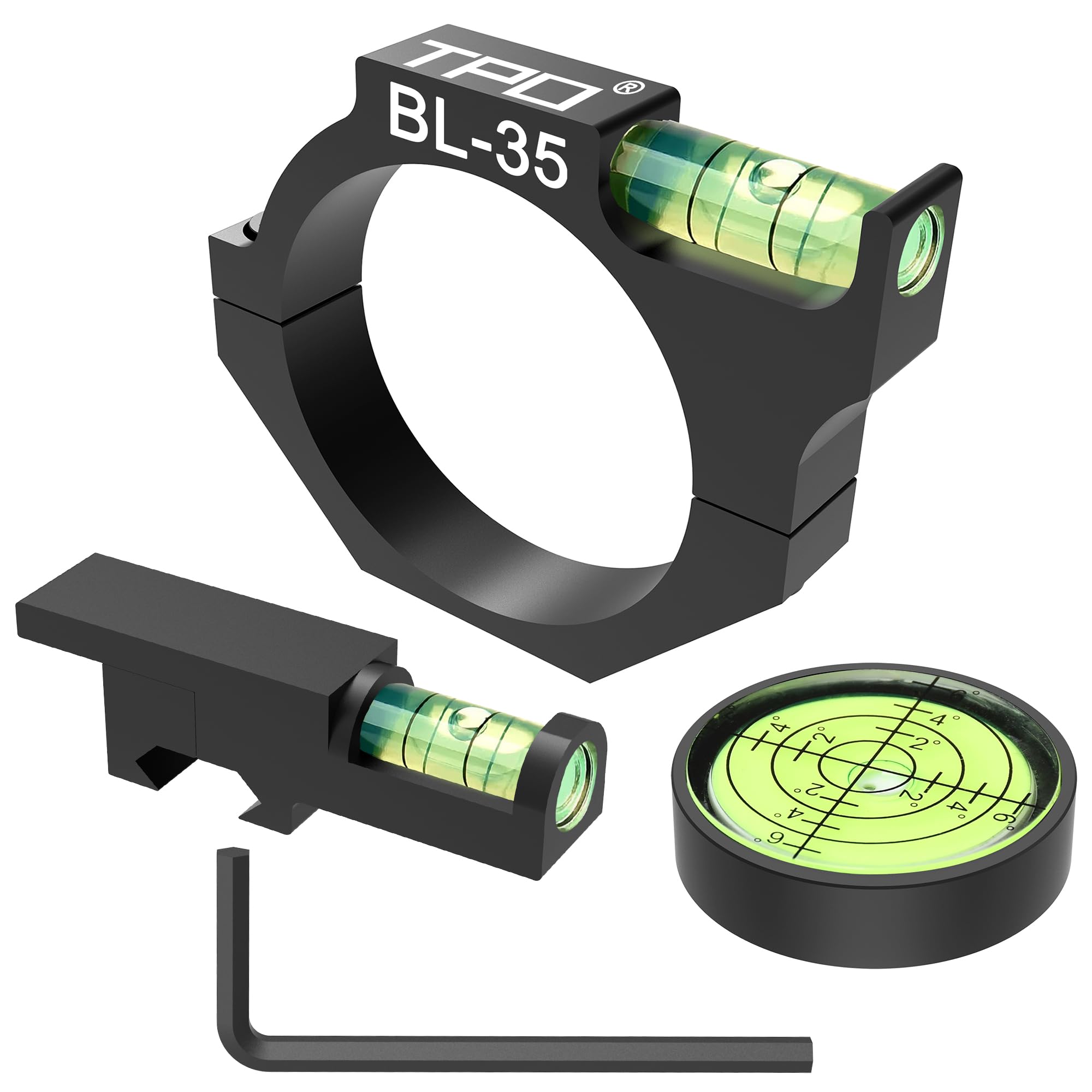 TPO 35mm bubble level attached to a scope tube for precise alignment.