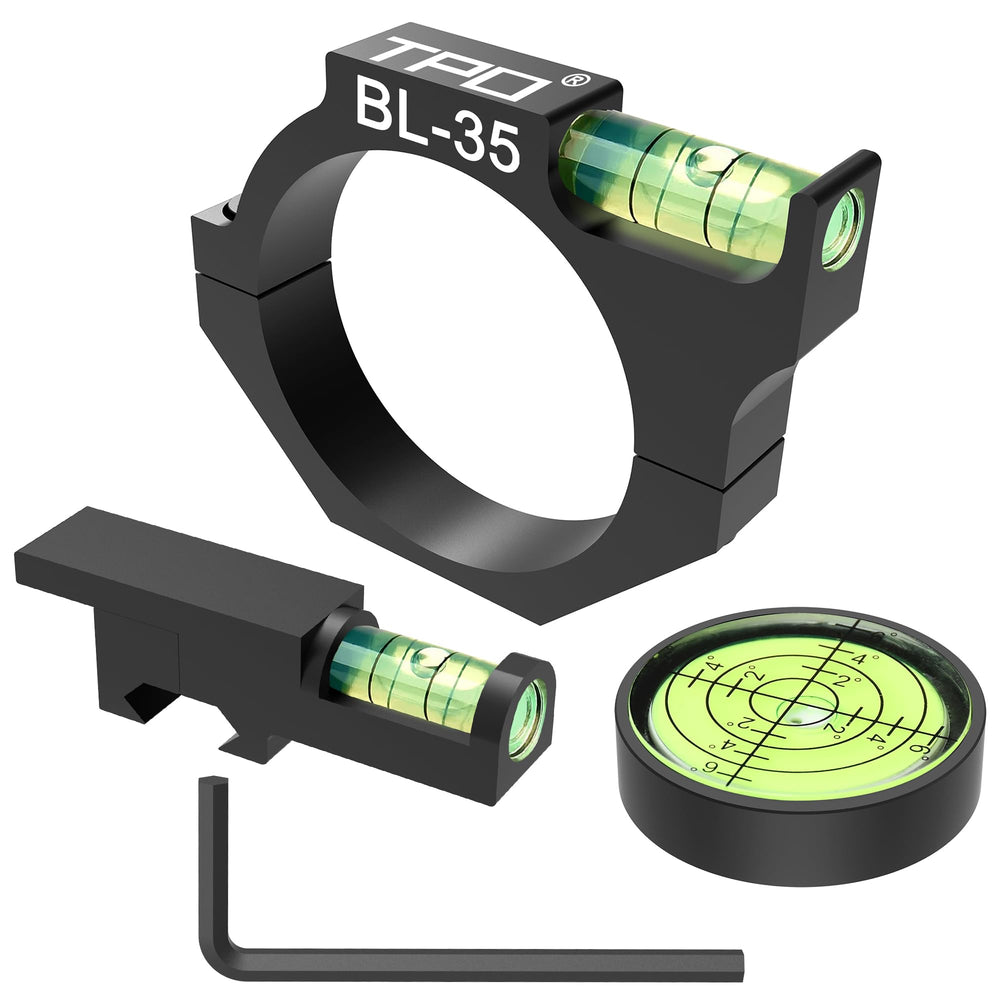 TPO 35mm bubble level attached to a scope tube for precise alignment.