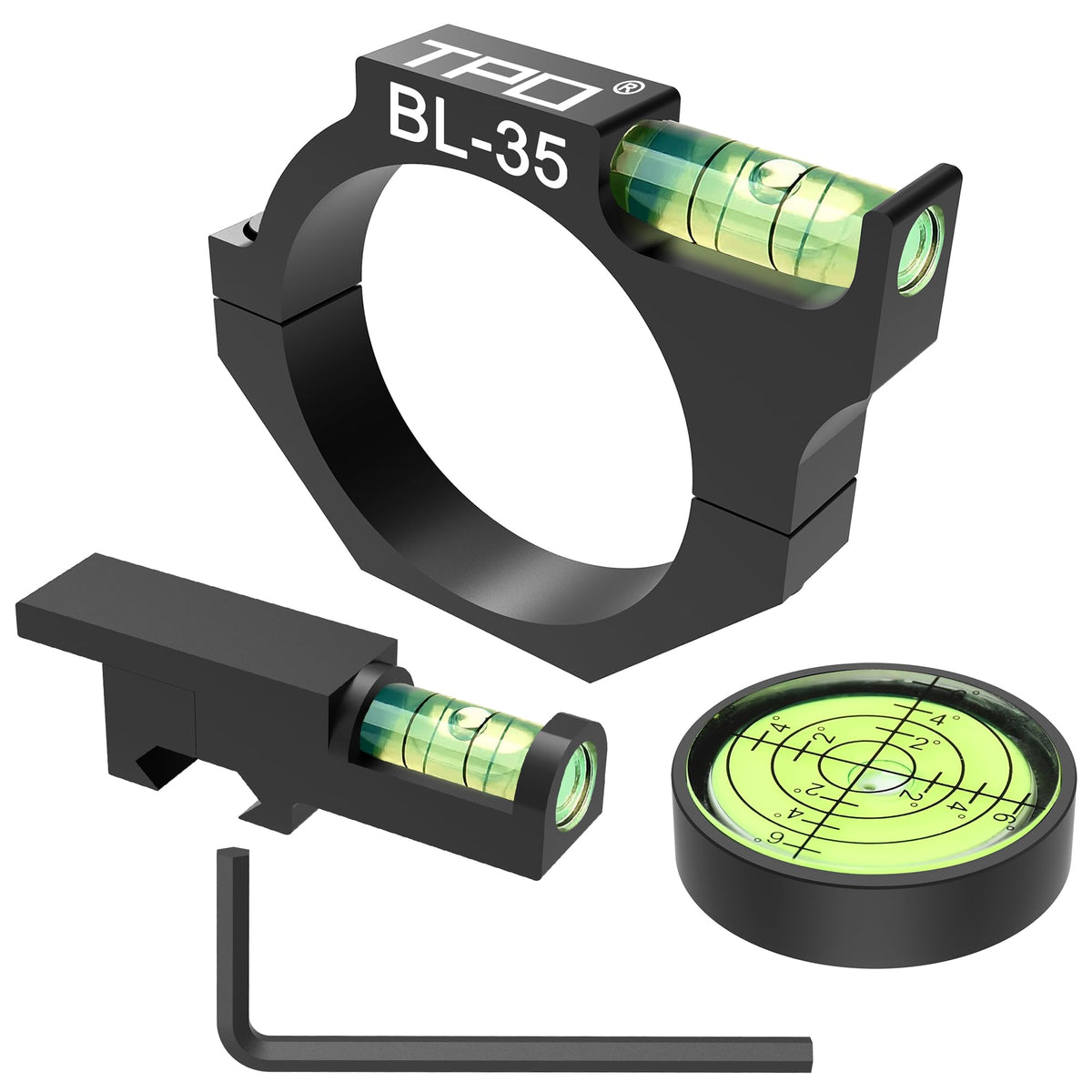 TPO 35mm bubble level attached to a scope tube for precise alignment.