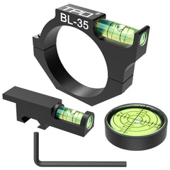 TPO 35mm bubble level attached to a scope tube for precise alignment.