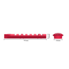 Premium aluminum rail in red with black finish and detailed milling.