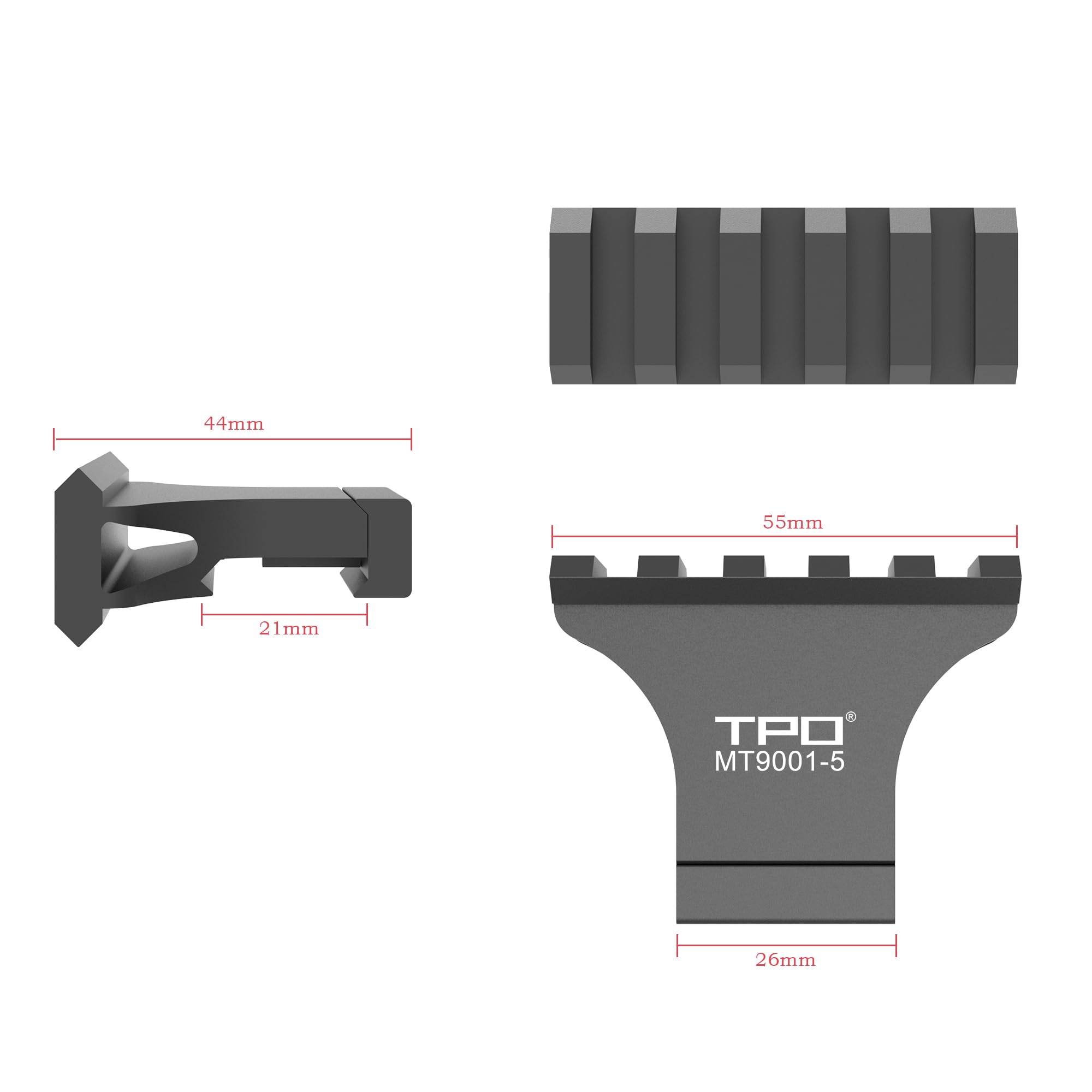 TPO durable aluminum offset mount withstands recoil in rugged conditions.