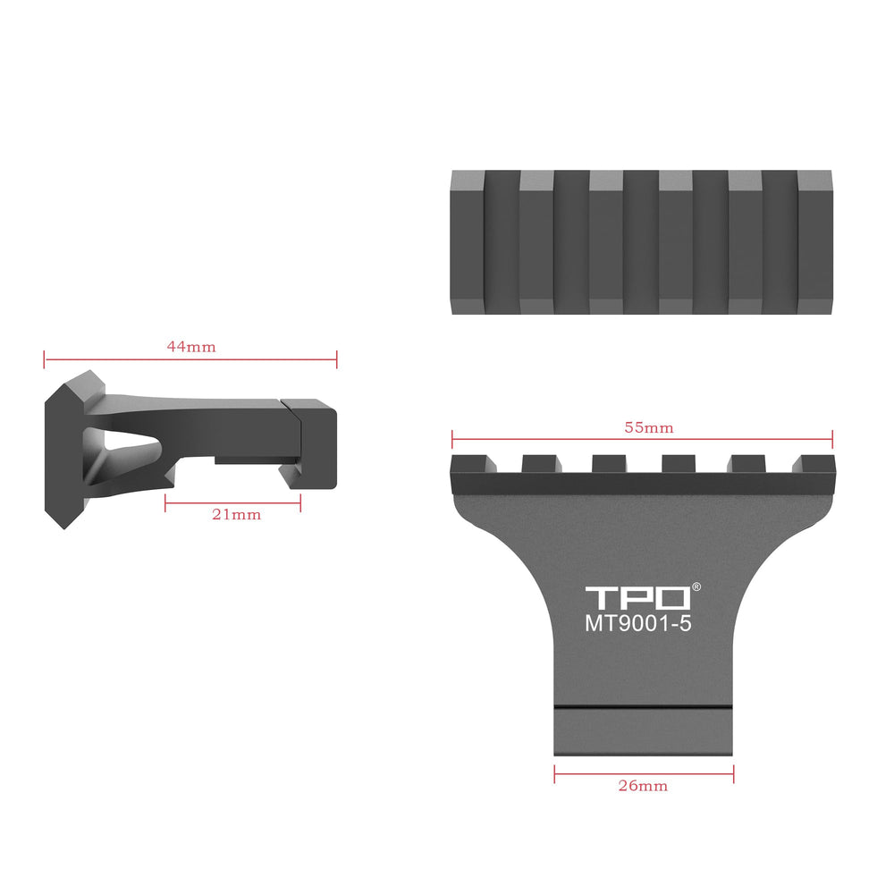 TPO durable aluminum offset mount withstands recoil in rugged conditions.