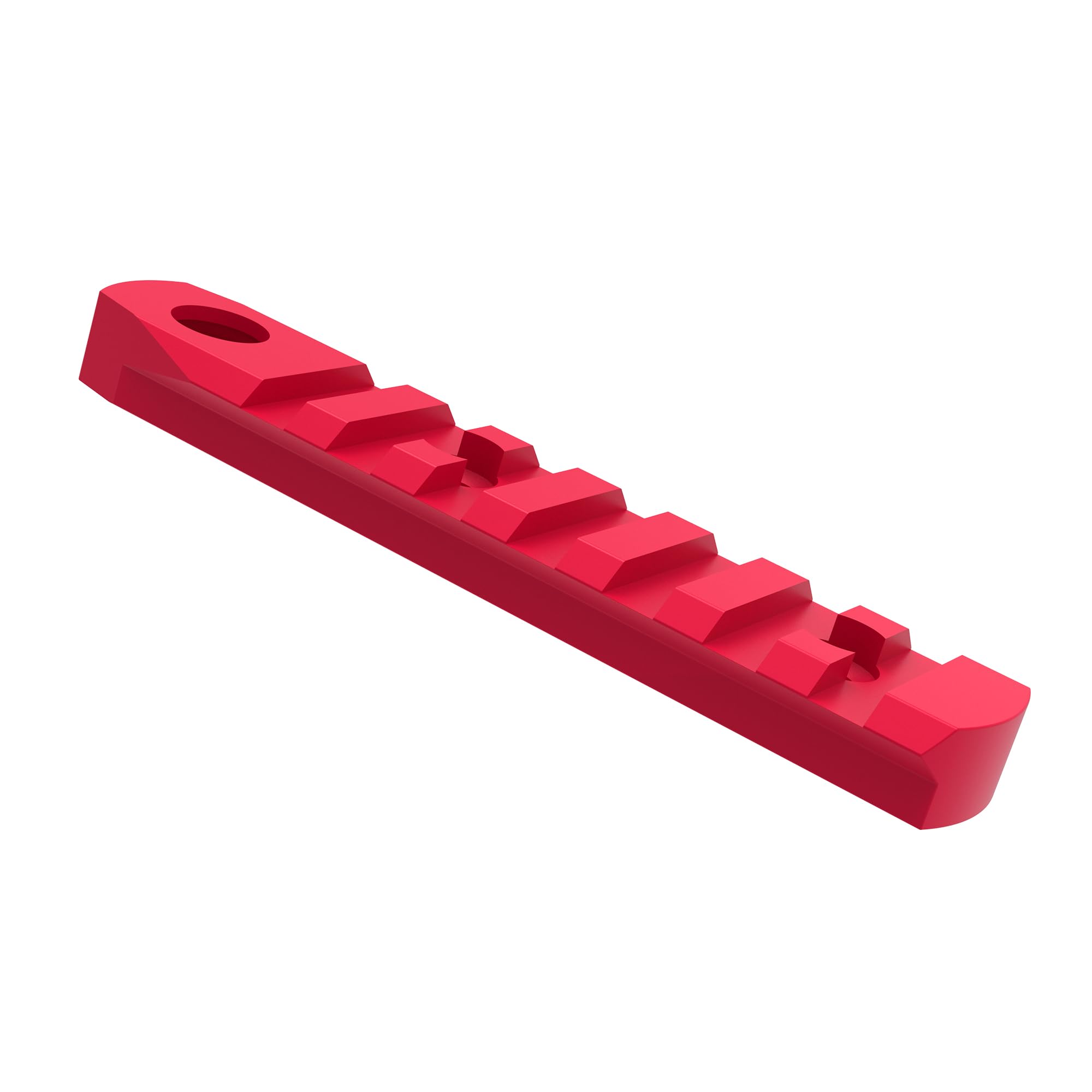 Matte black hard coat anodized surface on red rail.