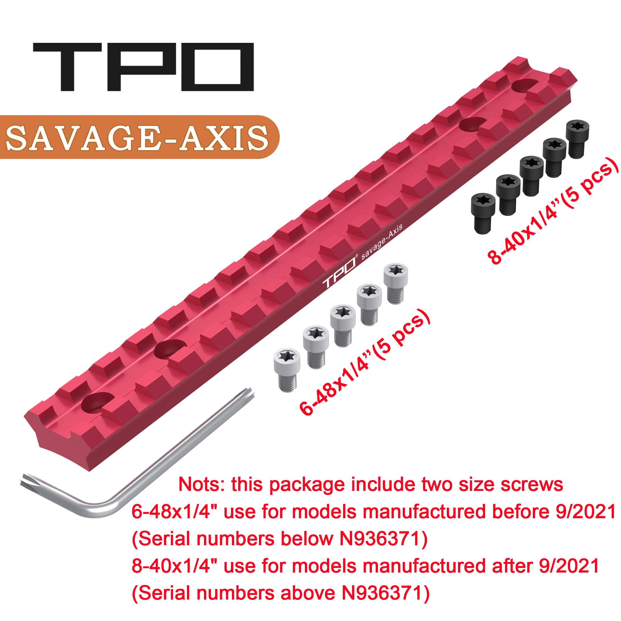 TPO Savage Axis red rail mount side view, slim profile for versatile weapon setup.