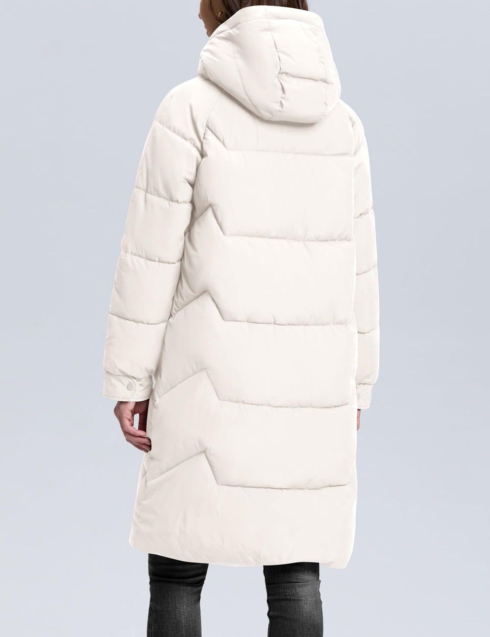 TQD long puffer coat women's back view shows full-length coverage and warmth.