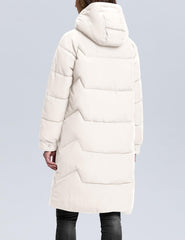 TQD long puffer coat women's back view shows full-length coverage and warmth.