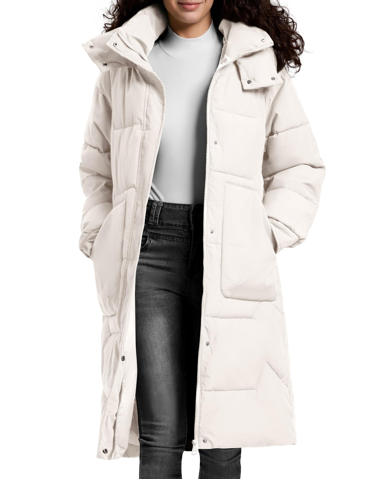 TQD long puffer coat women's front view highlights extended warmth and wind protection.